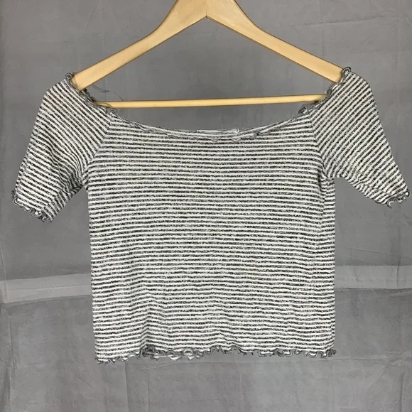 Caution to the wind black Gray striped off Shoulder Crop top - Picture 7 of 8